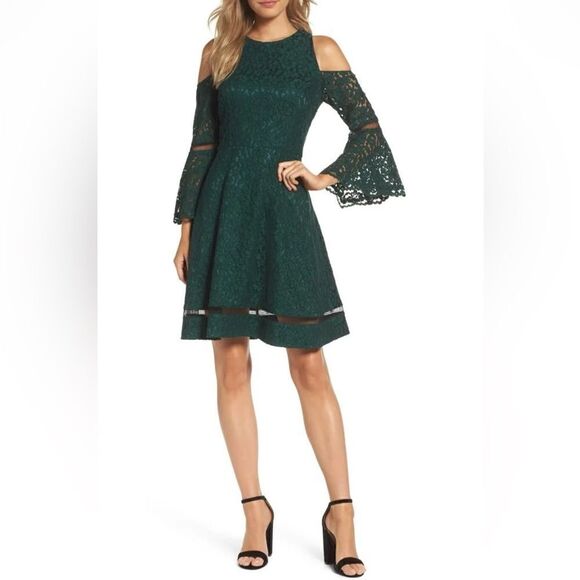 Eliza J. (Like New) Hunter Green Lace Bell Sleeve Cold Shoulder Dress (Size: 8) - Picture 1 of 16